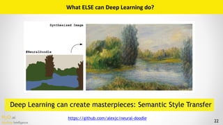 H2O.ai 
Machine Intelligence 22
What	ELSE	can	Deep	Learning	do?
Deep Learning can create masterpieces: Semantic Style Tran...