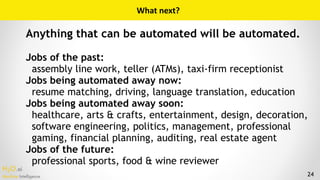 H2O.ai 
Machine Intelligence 24
What	next?
Anything that can be automated will be automated.
Jobs of the past:
assembly li...