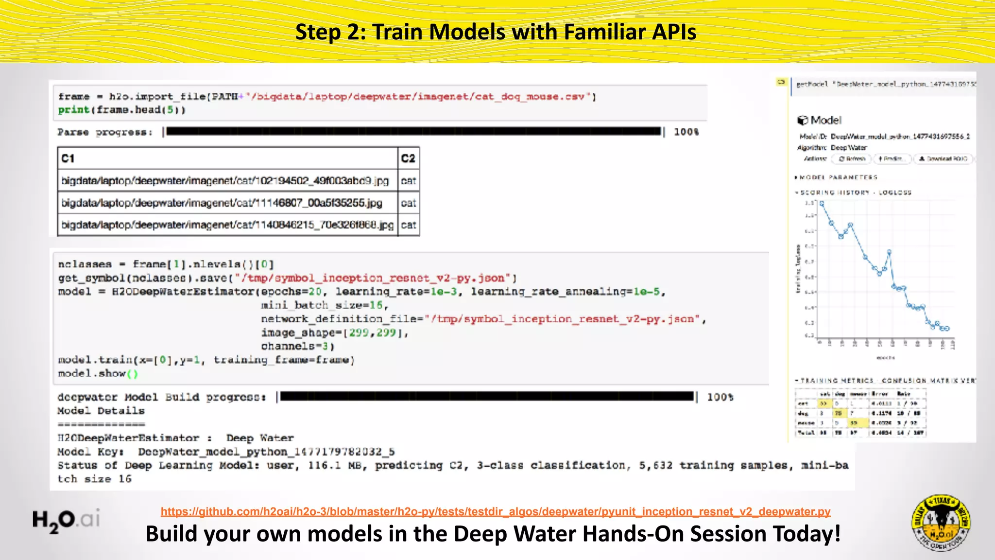 Build	your	own	models	in	the	Deep	Water	Hands-On	Session	Today!	
Step	2:	Train	Models	with	Familiar	APIs
https://github.com/h2oai/h2o-3/blob/master/h2o-py/tests/testdir_algos/deepwater/pyunit_inception_resnet_v2_deepwater.py
 