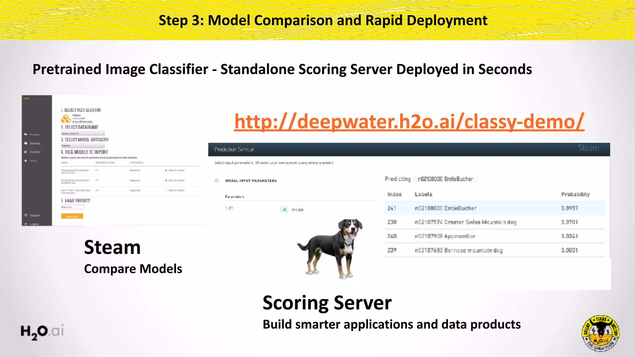 Pretrained	Image	Classifier	-	Standalone	Scoring	Server	Deployed	in	Seconds
http://deepwater.h2o.ai/classy-demo/
Step	3:	Model	Comparison	and	Rapid	Deployment
Steam	
Compare	Models
Scoring	Server	
Build	smarter	applications	and	data	products
 