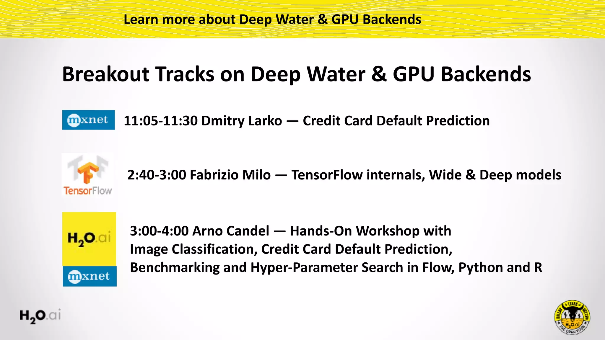 Learn	more	about	Deep	Water	&	GPU	Backends
11:05-11:30	Dmitry	Larko	—	Credit	Card	Default	Prediction
2:40-3:00	Fabrizio	Milo	—	TensorFlow	internals,	Wide	&	Deep	models
3:00-4:00	Arno	Candel	—	Hands-On	Workshop	with	
Image	Classification,	Credit	Card	Default	Prediction, 
Benchmarking	and	Hyper-Parameter	Search	in	Flow,	Python	and	R
Breakout	Tracks	on	Deep	Water	&	GPU	Backends
 