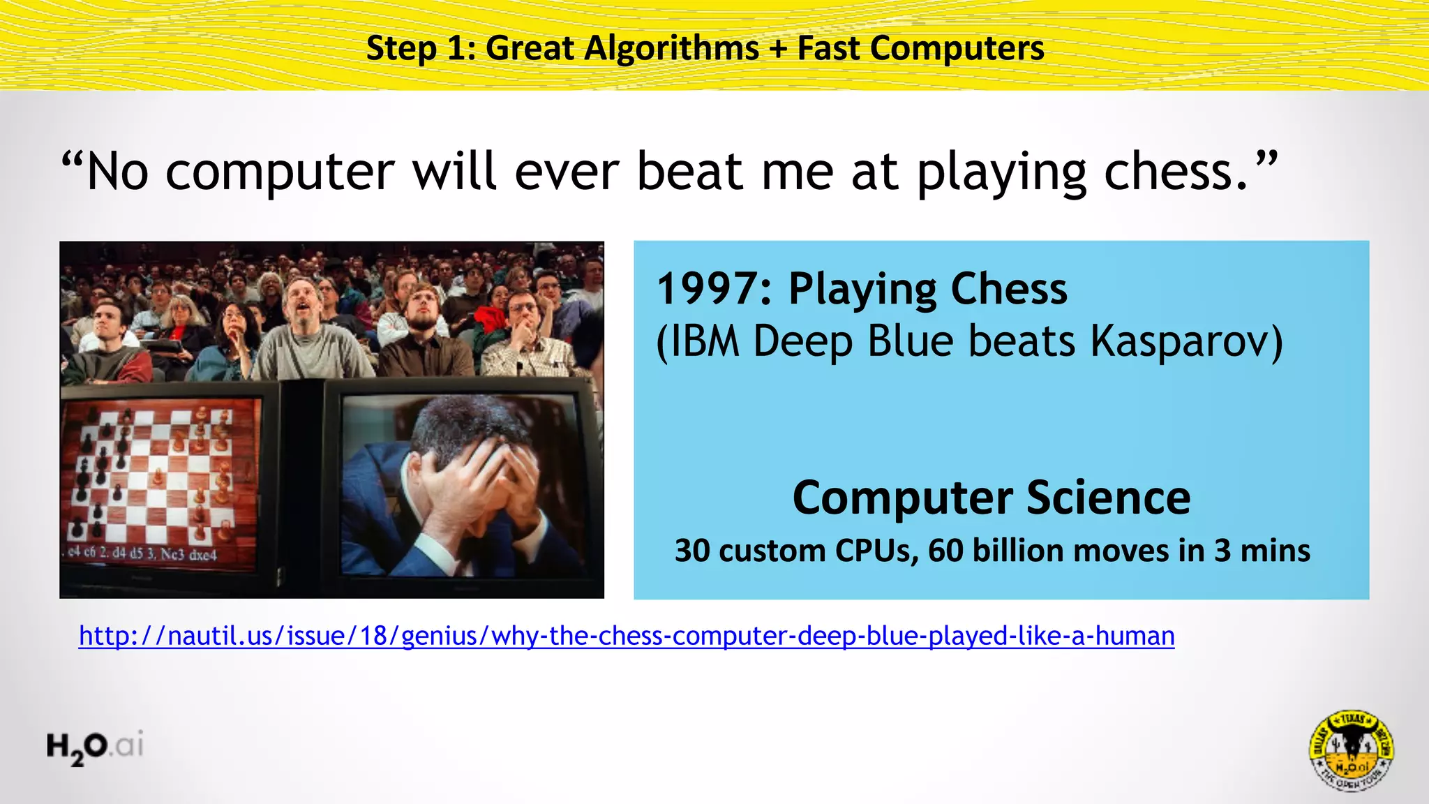 Step	1:	Great	Algorithms	+	Fast	Computers
http://nautil.us/issue/18/genius/why-the-chess-computer-deep-blue-played-like-a-human
1997: Playing Chess
(IBM Deep Blue beats Kasparov)
Computer	Science 
30	custom	CPUs,	60	billion	moves	in	3	mins
“No computer will ever beat me at playing chess.”
 