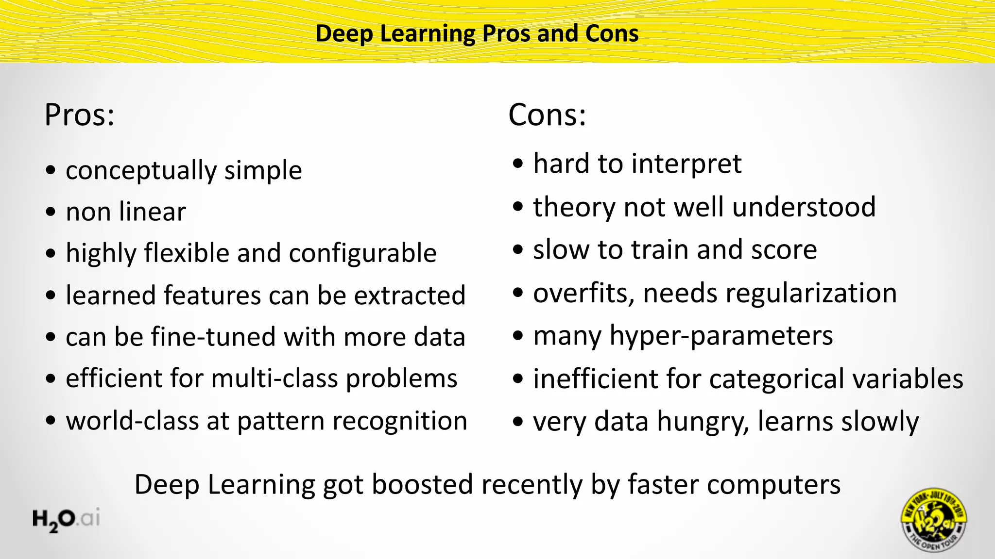 • conceptually	simple	
• non	linear	
• highly	flexible	and	configurable	
• learned	features	can	be	extracted	
• can	be	fine-tuned	with	more	data	
• efficient	for	multi-class	problems	
• world-class	at	pattern	recognition
Deep	Learning	Pros	and	Cons
Pros:
• hard	to	interpret	
• theory	not	well	understood	
• slow	to	train	and	score	
• overfits,	needs	regularization	
• many	hyper-parameters	
• inefficient	for	categorical	variables	
• very	data	hungry,	learns	slowly
Cons:
Deep	Learning	got	boosted	recently	by	faster	computers
 