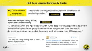 H2O	Deep	Learning	Community	Quotes
READ MORE WATCH NOW
“H2O	Deep	Learning	models	outperform	other	Gleason	
predicting	models.”
READ MORE
“…	combine	ADAM	and	Apache	Spark	with	H2O’s	deep	learning	capabilities	to	predict	
an	individual’s	population	group	based	on	his	or	her	genomic	data.	Our	results	
demonstrate	that	we	can	predict	these	very	well,	with	more	than	99%	accuracy.”
 