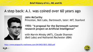 Brief	History	of	A.I.,	ML	and	DL
John McCarthy 
Princeton, Bell Labs, Dartmouth, later: MIT, Stanford
1955: “A proposal for the Dartmouth summer
research project on Artificial Intelligence”
with Marvin Minsky (MIT), Claude Shannon  
(Bell Labs) and Nathaniel Rochester (IBM)
http://www.asiapacific-mathnews.com/04/0403/0015_0020.pdf
A step back: A.I. was coined over 60 years ago
 