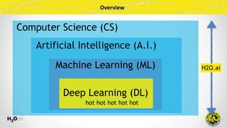 Overview
Machine Learning (ML)
Artificial Intelligence (A.I.)
Computer Science (CS)
H2O.ai
Deep Learning (DL)
hot hot hot ...