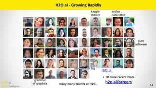 H2O.ai 
Machine Intelligence 14
H2O.ai	-	Growing	Rapidly
+ 10 more recent hires
author
data.table
r2d3.us
ceo
grammar
of graphics
pure
software
kaggle
master
many many talents at H2O…
found Pentium bug
POSIX
h2o.ai/careers
 