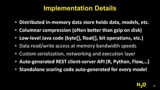 24
• Distributed	in-memory	data	store	holds	data,	models,	etc.	
• Columnar	compression	(often	better	than	gzip	on	disk)	
• Low-level	Java	code	(byte[],	float[],	bit	operations,	etc.)	
• Data	read/write	access	at	memory	bandwidth	speeds	
• Custom	serialization,	networking	and	execution	layer	
• Auto-generated	REST	client-server	API	(R,	Python,	Flow,…)	
• Standalone	scoring	code	auto-generated	for	every	model
Implementation Details
 