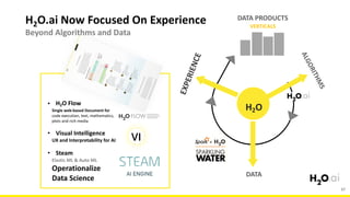 H2O
ALGORITHMS
EXPERIENCE
DATA
VERTICALS
• H2O	Flow	
Single	web-based	Document	for	
code	execution,	text,	mathematics,	
plots	and	rich	media		
• Visual	Intelligence	
UX	and	Interpretability	for	AI	
• Steam		
Elastic	ML	&	Auto	ML	
Operationalize	
Data	Science	
H2O.ai	Now	Focused	On	Experience 
Beyond	Algorithms	and	Data 
37
DATA	PRODUCTS
 