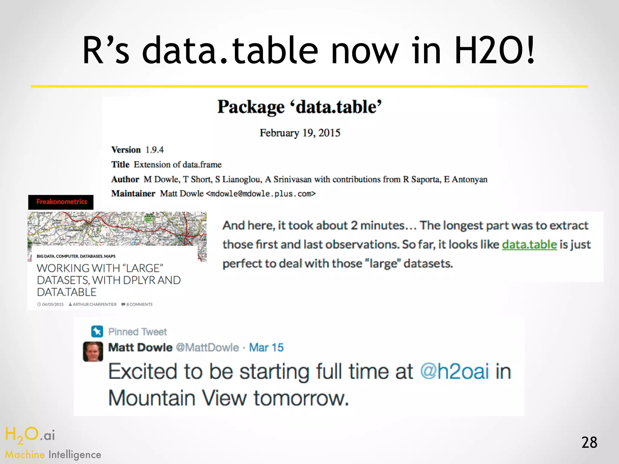 H2O.ai 
Machine Intelligence
28
R’s data.table now in H2O!
 