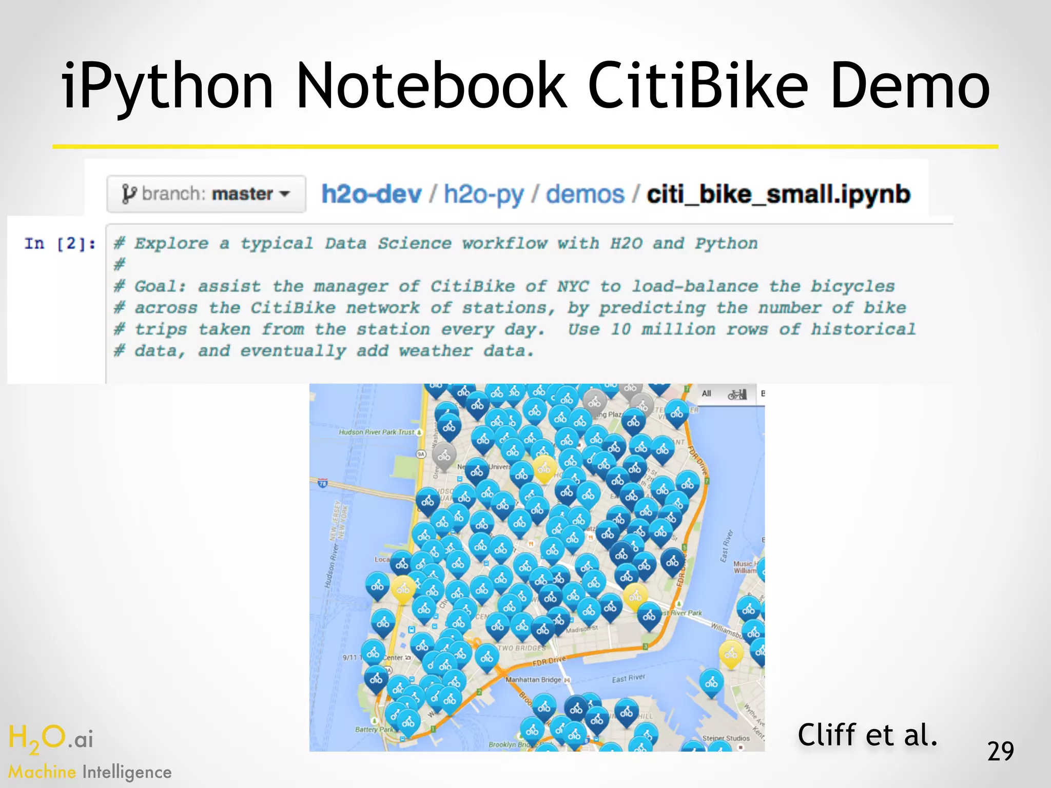 H2O.ai 
Machine Intelligence
29
iPython Notebook CitiBike Demo
Cliff et al.
 