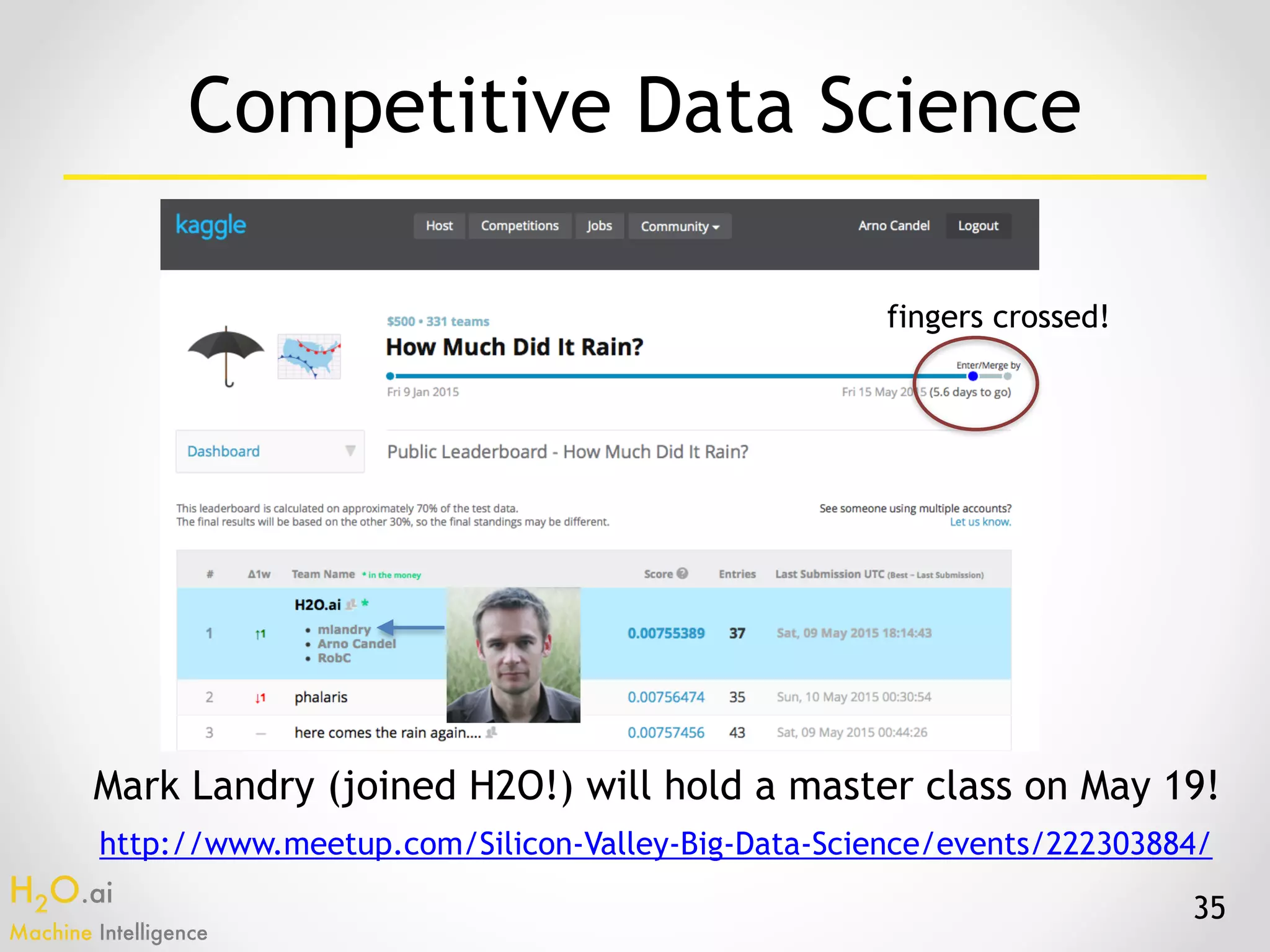 H2O.ai 
Machine Intelligence
Mark Landry (joined H2O!) will hold a master class on May 19!
http://www.meetup.com/Silicon-Valley-Big-Data-Science/events/222303884/
35
Competitive Data Science
fingers crossed!
 