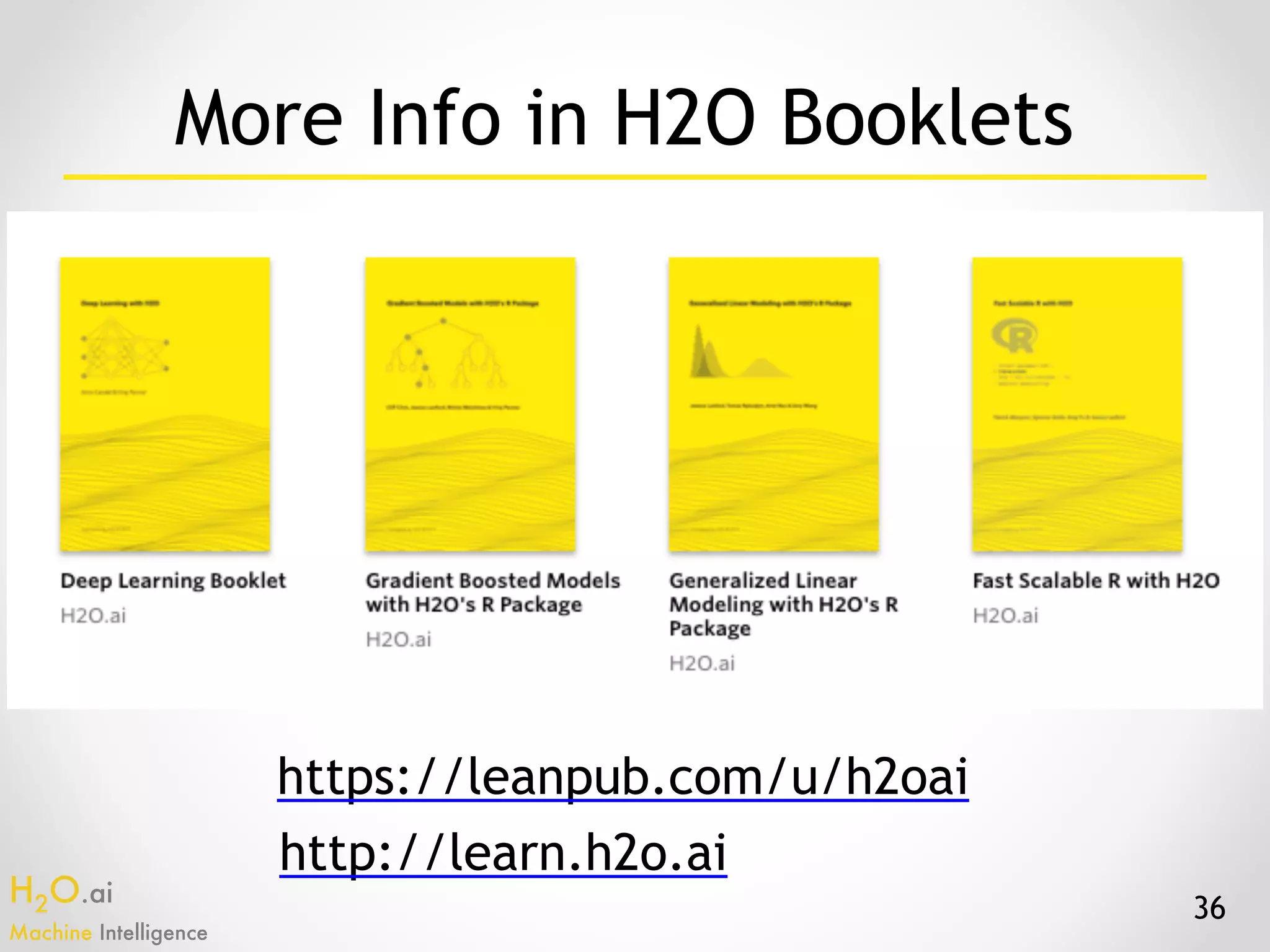 H2O.ai 
Machine Intelligence
More Info in H2O Booklets
https://leanpub.com/u/h2oai
http://learn.h2o.ai
36
 