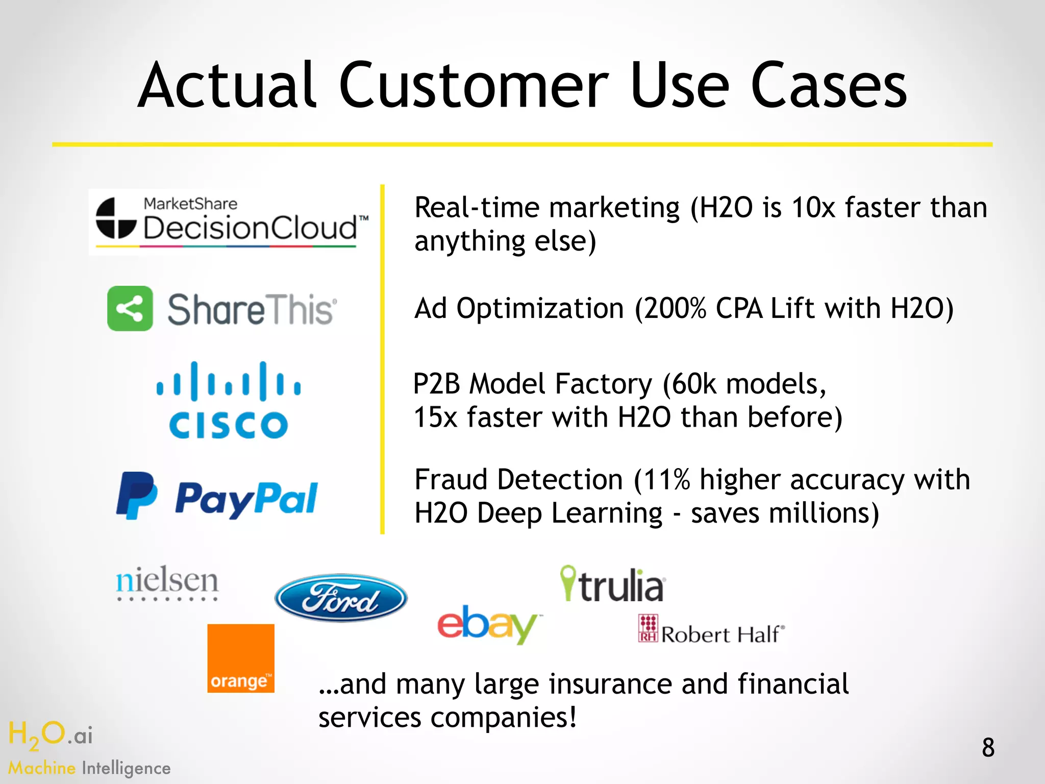 H2O.ai 
Machine Intelligence
8
Ad Optimization (200% CPA Lift with H2O)
P2B Model Factory (60k models,
15x faster with H2O than before)
Fraud Detection (11% higher accuracy with
H2O Deep Learning - saves millions)
…and many large insurance and financial
services companies!
Real-time marketing (H2O is 10x faster than
anything else)
Actual Customer Use Cases
 