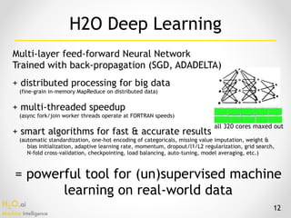 H2O.ai 
Machine Intelligence
Multi-layer feed-forward Neural Network 
Trained with back-propagation (SGD, ADADELTA)
+ distributed processing for big data
(fine-grain in-memory MapReduce on distributed data)
+ multi-threaded speedup
(async fork/join worker threads operate at FORTRAN speeds)
+ smart algorithms for fast & accurate results
(automatic standardization, one-hot encoding of categoricals, missing value imputation, weight &
bias initialization, adaptive learning rate, momentum, dropout/l1/L2 regularization, grid search,  
N-fold cross-validation, checkpointing, load balancing, auto-tuning, model averaging, etc.)
= powerful tool for (un)supervised machine
learning on real-world data
12
H2O Deep Learning
all 320 cores maxed out
 