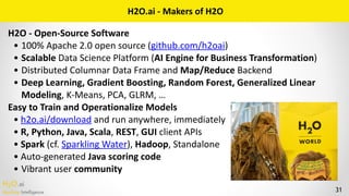 H2O.ai 
Machine Intelligence 31
H2O.ai	-	Makers	of	H2O
H2O	-	Open-Source	Software	
• 100%	Apache	2.0	open	source	(github.c...