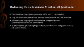 Bedeutung für die klassische Musik im 20. Jahrhundert
• Entscheidende Prägung der Kunstmusik im 20. und 21. Jahrhundert
• Zeigt der Musikwelt Grenzen der Tonalität und schließlich auch die Atonalität
• Unterricht und Prägung der bedeutendsten Komponisten und
Musiktheoretikern des 20. Jahrhunderts
• Zwölftontechnik gilt als Ausgangspunkt für weiterführende Kompositionsarten,
z.B. serielle Musik
 