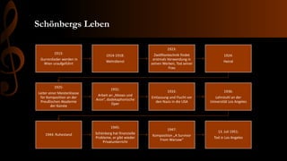 Schönbergs Leben
1913:
Gurrenlieder werden in
Wien uraufgeführt
1914-1918:
Wehrdienst
1923:
Zwölftontechnik findet
erstmals Verwendung in
seinen Werken, Tod seiner
Frau
1924:
Heirat
1925:
Leiter einer Meisterklasse
für Komposition an der
Preußischen Akademie
der Künste
1931:
Arbeit an „Moses und
Aron“, dodekaphonische
Oper
1933:
Entlassung und Flucht vor
den Nazis in die USA
1936:
Lehrstuhl an der
Universität Los Angeles
1944: Ruhestand
1945:
Schönberg hat finanzielle
Probleme, er gibt wieder
Privatunterricht
1947:
Komposition „A Survivor
From Warsaw“
13. Juli 1951:
Tod in Los Angeles
 