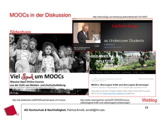 13
AG Hochschule & Nachhaltigkeit, Patricia Arnold, arnold@hm.edu
MOOCs in der Diskussion
13
http://de.slideshare.net/SHofhues/viel-spuk-um-moocs
http://lecture2go.uni-hamburg.de/konferenzen/-/k/14447
http://peter.baumgartner.name/2013/02/25/moocs-
ueberzogene-kritik-und-ueberzogene-erwartungen/
Slideshare
Lecture to go
Weblog
 