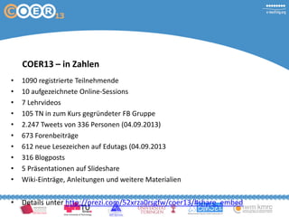 COER13 – in Zahlen
• 1090 registrierte Teilnehmende
• 10 aufgezeichnete Online-Sessions
• 7 Lehrvideos
• 105 TN in zum Kurs gegründeter FB Gruppe
• 2.247 Tweets von 336 Personen (04.09.2013)
• 673 Forenbeiträge
• 612 neue Lesezeichen auf Edutags (04.09.2013
• 316 Blogposts
• 5 Präsentationen auf Slideshare
• Wiki-Einträge, Anleitungen und weitere Materialien
• Details unter http://prezi.com/52xrza0rsgfw/coer13/#share_embed
 