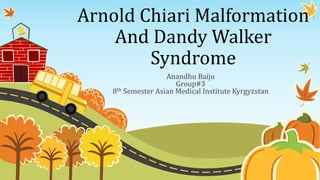 Arnold Chiari Malformation
And Dandy Walker
Syndrome
Anandhu Baiju
Group#3
8th Semester Asian Medical Institute Kyrgyzstan
 