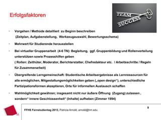 8
FFHS Fernstudientag 2013, Patricia Arnold, arnold@hm.edu
 Vorgehen / Methode detailliert zu Beginn beschreiben
(Zeitplan, Aufgabenstellung, Werkzeugauswahl, Bewertungsschema)
 Mehrwert für Studierende herausstellen
 Bei virtueller Gruppenarbeit (4-6 TN): Begleitung, ggf. Gruppenbildung und Rollenverteilung
unterstützen sowie Prozesshilfen geben
( Rollen: Zeithüter, Moderator, Berichterstatter, Chefredakteur etc. / Arbeitsschritte / Regeln
für Zusammenarbeit)
 Übergreifende Lerngemeinschaft: Studentische Arbeitsergebnisse als Lernressourcen für
alle ermöglichen, Mitgestaltungsmöglichkeiten geben („open design“), unterschiedliche
Partizipationsformen akzeptieren, Orte für informellen Austausch schaffen
 Wahlmöglichkeit gewähren; insgesamt nicht nur äußere Öffnung (Zugang) zulassen ,
sondern“ innere Geschlossenheit“ (Inhalte) aufheben (Zimmer 1994)
Erfolgsfaktoren
 