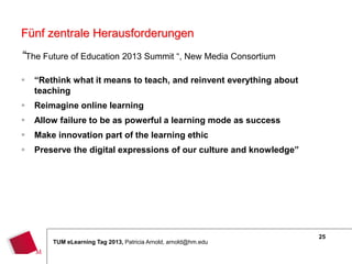 Fünf zentrale Herausforderungen
“The Future of Education 2013 Summit “, New Media Consortium

   “Rethink what it means to teach, and reinvent everything about
    teaching
   Reimagine online learning
   Allow failure to be as powerful a learning mode as success
   Make innovation part of the learning ethic
   Preserve the digital expressions of our culture and knowledge”




                                                                      25
        TUM eLearning Tag 2013, Patricia Arnold, arnold@hm.edu

                                                                 25
 