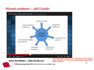 Wicked problems – Jeff Conklin




                                                       http://www.youtube.com/watch?v=vySil1yc0lk&list=PLVwavmSEaasG
                                                       4n2mpX-btZMrSPUnxaAZB&index=1 CC http://www.nmc.org (New
                                                       Media Consortium
                                                                                                         5
     TUM eLearning Tag 2013, Patricia Arnold, arnold@hm.edu
 