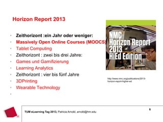 Horizon Report 2013

•    Zeithorizont :ein Jahr oder weniger:
•    Massively Open Online Courses (MOOCS)
•    Tablet Computing
•    Zeithorizont : zwei bis drei Jahre:
•    Games und Gamifizierung
•    Learning Analytics
•    Zeithorizont : vier bis fünf Jahre
                                           http://www.nmc.org/publications/2013-
•    3DPrinting                            horizon-report-higher-ed


•    Wearable Technology
•


                                                                                   6
         TUM eLearning Tag 2013, Patricia Arnold, arnold@hm.edu
 