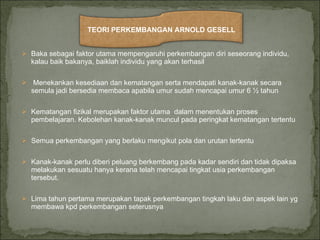Baka sebagai faktor utama mempengaruhi perkembangan diri seseorang individu, kalau baik bakanya, baiklah individu yang akan terhasil Menekankan kesediaan dan kematangan serta mendapati kanak-kanak secara semula jadi bersedia membaca apabila umur sudah mencapai umur 6 ½ tahun  Kematangan fizikal merupakan faktor utama  dalam menentukan proses pembelajaran. Kebolehan kanak-kanak muncul pada peringkat kematangan tertentu Semua perkembangan yang berlaku mengikut pola dan urutan tertentu Kanak-kanak perlu diberi peluang berkembang pada kadar sendiri dan tidak dipaksa melakukan sesuatu hanya kerana telah mencapai tingkat usia perkembangan tersebut. Lima tahun pertama merupakan tapak perkembangan tingkah laku dan aspek lain yg membawa kpd perkembangan seterusnya  TEORI PERKEMBANGAN ARNOLD GESELL 