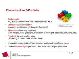 Slide 5
HCII 2014
Patricia Arnold, arnold@hm.edu
 Study results
(e.g. essay, presentation, discussion posting, etc.)
 Descriptions / Commentary
(abstract, significance, contextual information)
 Reflections of learning trajectory
(new insights, new questions, evaluation at hindsight, obstacles, solutions, etc.)
 Feedback by peers or lecturers
(according to Lewin 2002, Barrett 2003)
 ->selected, presented in different media, “packaged“ in different views
 -> define access rights per view / also to be used as job application
Elements of an E-Portfolio
http://www.eportfolio.lagcc.cuny.edu/s
cholars/doc_
20Phongsai/images/eportfolio.jpg
 