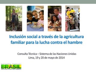Inclusión social a través de la agricultura
familiar para la lucha contra el hambre
ConsultaTécnica–SistemadelasNacionesUnidas
Lima,19y20demayode2014
 