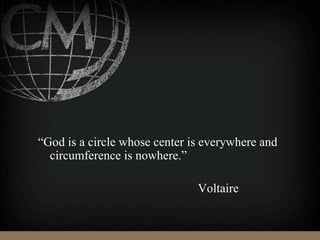 “God is a circle whose center is everywhere and
circumference is nowhere.”
Voltaire
 