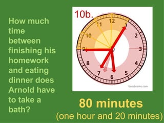 80 minutes  (one hour and 20 minutes) How much time between finishing his homework and eating dinner does Arnold have to t...
