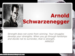 Arnold
Schwarzenegger
Strength does not come from winning. Your struggles
develop your strengths. When you go through hardships
and decide not to surrender, that is strength.
ARNOLD
 