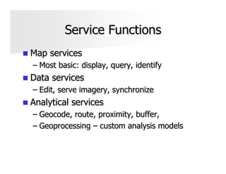 Service Functions
Map services
– Most basic: display, query, identify
Data services
– Edit, serve imagery, synchronize
Analytical services
– Geocode, route, proximity, buffer,
– Geoprocessing – custom analysis models
 