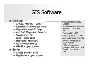 GIS Software
Desktop                           Professional Industry
–   ArcGIS, ArcView – ESRI         Leader
–   Geomedia – Intergraph Corp.   •Environmental Systems
–   MapInfo – MapInfo Corp.        Research Institute,
                                   Inc.
–   AutoCAD Map – AutoDesk Inc.   •Founded in 1969
–   Smallworld - GE               •Used by 24,000 state
–   Idrisi – Clark Labs            and local governments
–   MapPoint - Microsoft          •Annual revenues of
–   QGIS – open source             $794 million
                                  •20% of revenues
–   GRASS – open source            invested in Research &
Server                             Development each
                                   year
– ArcGIS Server - ESRI
– MapServer – open source
 