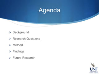 Agenda
 Background
 Research Questions
 Method
 Findings
 Future Research
 