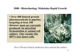 2008 - Biotechnology Maintains Rapid Growth
• Over 400 biotech protein
pharmaceuticals in pipeline,
targeting at least 200
diseases; most are currently
produced via microbial
fermentation or animal cell
culture. One vaccine (for
HPV) uses insect cells.
Over 250 new biotech medicines have entered the market.
2
 