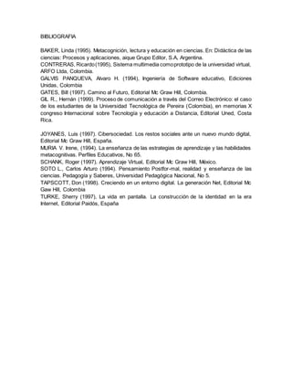 BIBLIOGRAFIA
BAKER, Linda (1995). Metacognición, lectura y educación en ciencias. En: Didáctica de las
ciencias: Procesos y aplicaciones, aique Grupo Editor, S.A, Argentina.
CONTRERAS, Ricardo(1995), Sistema multimedia comoprototipo de la universidad virtual,
ARFO Ltda, Colombia.
GALVIS PANQUEVA, Alvaro H. (1994), Ingeniería de Software educativo, Ediciones
Unidas, Colombia
GATES, Bill (1997). Camino al Futuro, Editorial Mc Graw Hill, Colombia.
GIL R., Hernán (1999). Proceso de comunicación a través del Correo Electrónico: el caso
de los estudiantes de la Universidad Tecnológica de Pereira (Colombia), en memorias X
congreso Internacional sobre Tecnología y educación a Distancia, Editorial Uned, Costa
Rica.
JOYANES, Luis (1997). Cibersociedad. Los restos sociales ante un nuevo mundo digital,
Editorial Mc Graw Hill, España.
MURIA V. Irene, (1994). La enseñanza de las estrategias de aprendizaje y las habilidades
metacognitivas. Perfiles Educativos, No 65.
SCHANK, Roger (1997). Aprendizaje Virtual, Editorial Mc Graw Hill, México.
SOTO L., Carlos Arturo (1994). Pensamiento Postfor-mal, realidad y enseñanza de las
ciencias. Pedagogía y Saberes, Universidad Pedagógica Nacional, No 5.
TAPSCOTT, Don (1998). Creciendo en un entorno digital. La generación Net, Editorial Mc
Gaw Hill, Colombia
TURKE, Sherry (1997), La vida en pantalla. La construcción de la identidad en la era
Internet, Editorial Paidós, España
 