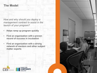 The Model 
How and why should you deploy a 
management contract to assist in the 
launch of your program? 
• Helps ramp up...