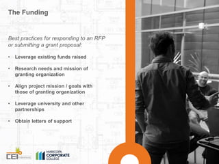 The Funding 
Best practices for responding to an RFP 
or submitting a grant proposal: 
• Leverage existing funds raised 
•...