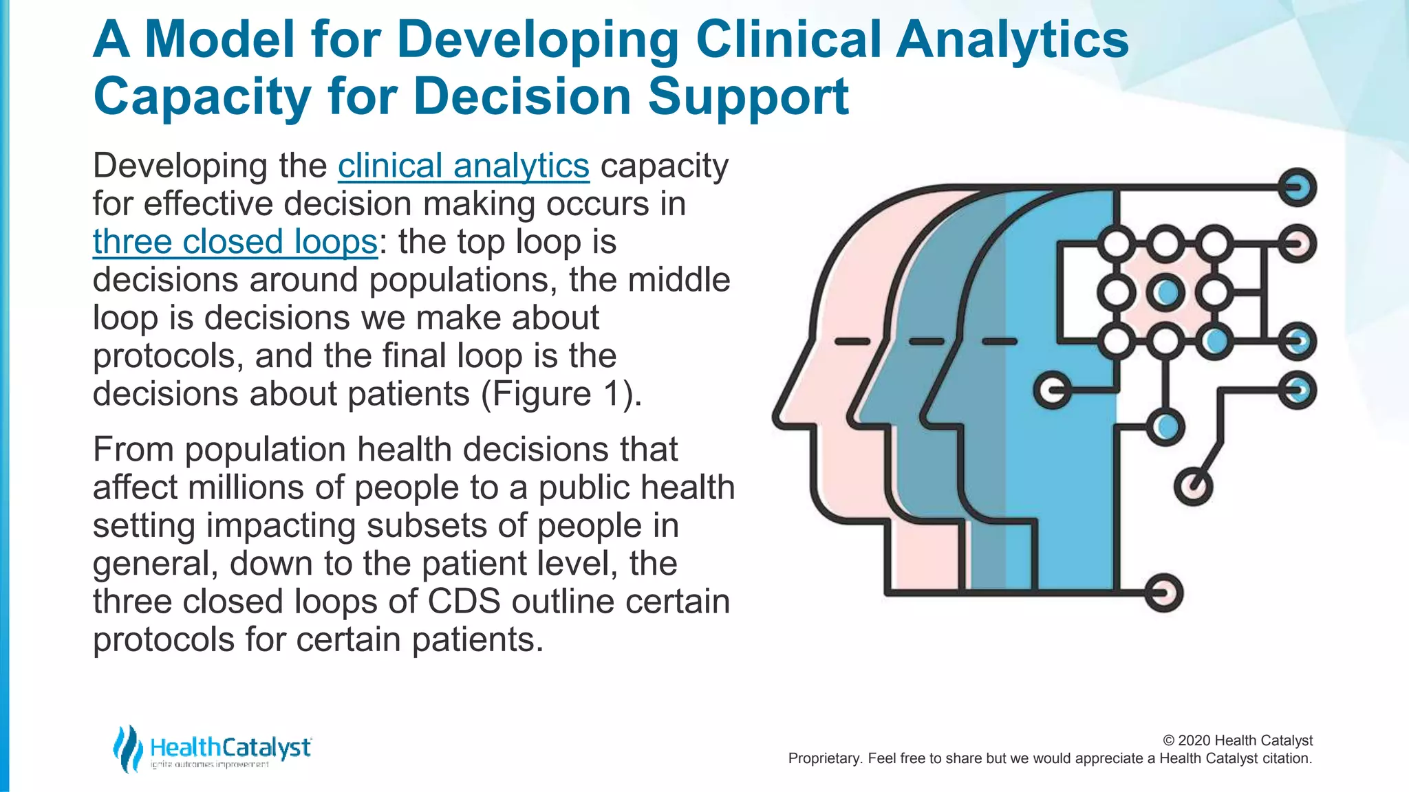 © 2020 Health Catalyst
Proprietary. Feel free to share but we would appreciate a Health Catalyst citation.
A Model for Developing Clinical Analytics
Capacity for Decision Support
Developing the clinical analytics capacity
for effective decision making occurs in
three closed loops: the top loop is
decisions around populations, the middle
loop is decisions we make about
protocols, and the final loop is the
decisions about patients (Figure 1).
From population health decisions that
affect millions of people to a public health
setting impacting subsets of people in
general, down to the patient level, the
three closed loops of CDS outline certain
protocols for certain patients.
 