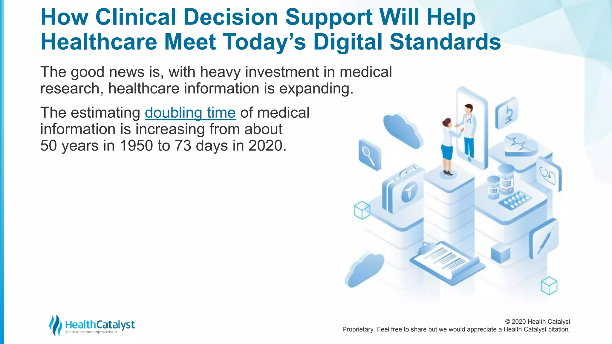 © 2020 Health Catalyst
Proprietary. Feel free to share but we would appreciate a Health Catalyst citation.
How Clinical Decision Support Will Help
Healthcare Meet Today’s Digital Standards
The good news is, with heavy investment in medical
research, healthcare information is expanding.
The estimating doubling time of medical
information is increasing from about
50 years in 1950 to 73 days in 2020.
 