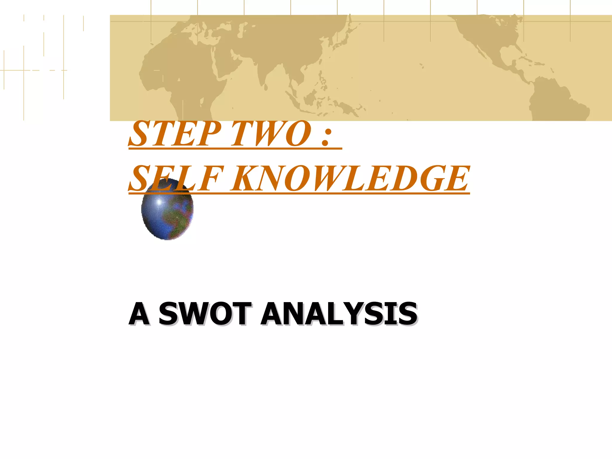STEP TWO : SELF KNOWLEDGE A SWOT ANALYSIS