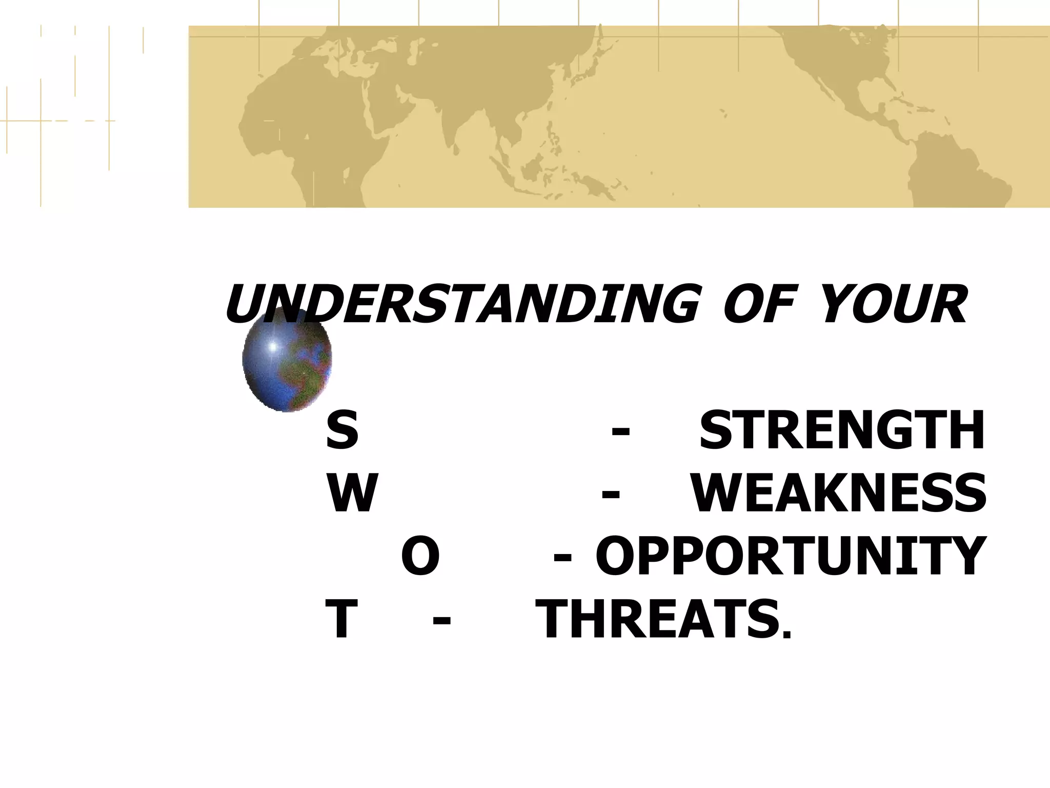 UNDERSTANDING OF YOUR S - STRENGTH W - WEAKNESS O - OPPORTUNITY T - THREATS .