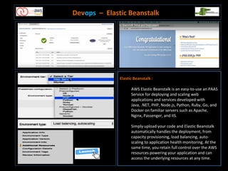 Devops – Elastic Beanstalk
Elastic Beanstalk :
AWS Elastic Beanstalk is an easy-to-use an PAAS
Service for deploying and scaling web
applications and services developed with
Java, .NET, PHP, Node.js, Python, Ruby, Go, and
Docker on familiar servers such as Apache,
Nginx, Passenger, and IIS.
Simply upload your code and Elastic Beanstalk
automatically handles the deployment, from
capacity provisioning, load balancing, auto-
scaling to application health monitoring. At the
same time, you retain full control over the AWS
resources powering your application and can
access the underlying resources at any time.
 