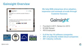 Gainsight Overview
We help B2B enterprises drive adoption,
expansion and renewals at scale through
Customer Success
• Founded in 2011; Series A in 2013
• $104M Raised
• 400 Employees
• 6 of the top 10 software companies
• 50% of publically traded cloud companies
• 20+ industry verticals
2016
@akennada
 