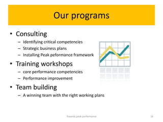 Our programs
• Consulting
  – Identifying critical competencies
  – Strategic business plans
  – Installing Peak peformance framework

• Training workshops
  – core performance competencies
  – Performance improvement

• Team building
  – A winning team with the right working plans



                           Towards peak performance   16
 