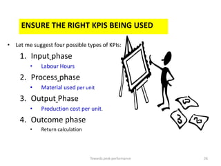 ENSURE THE RIGHT KPIS BEING USED

• Let me suggest four possible types of KPIs:
    1. Input phase
        •    Labour Hours
    2. Process phase
        •    Material used per unit
    3. Output Phase
        •    Production cost per unit.
    4. Outcome phase
        •    Return calculation




                                  Towards peak performance   26
 